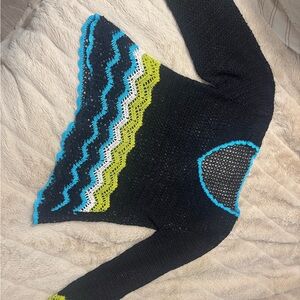 Chic Black Sweater with Blue and Green Details